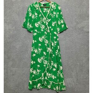 Topshop Midi Wrap Dress Women 8 Green White Floral Ruffle Kimono Asian Artsy